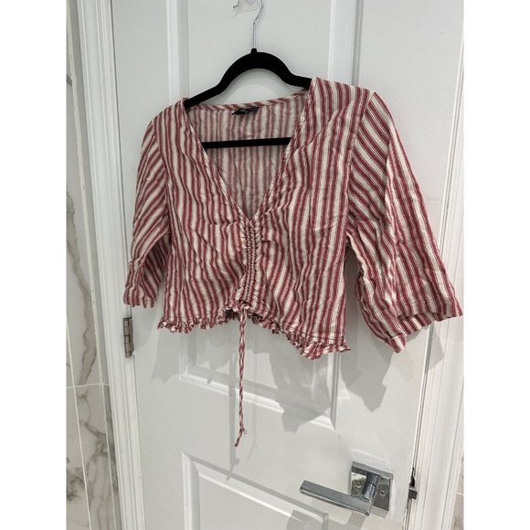 Volcom Top White/Red Blouse 100% Cotton Short Sleeve V-Neck Women's Size XL (12) - Picture 3 of 15